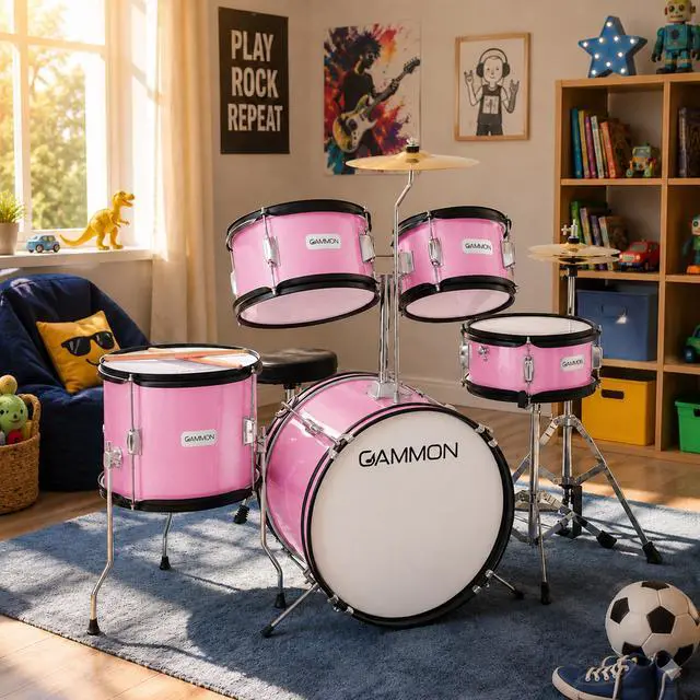 Alt view image 2 of 6 - Gammon Percussion 5-Piece Junior Starter Drum Kit with Cymbals, Hardware, Sticks, & Throne - Pink