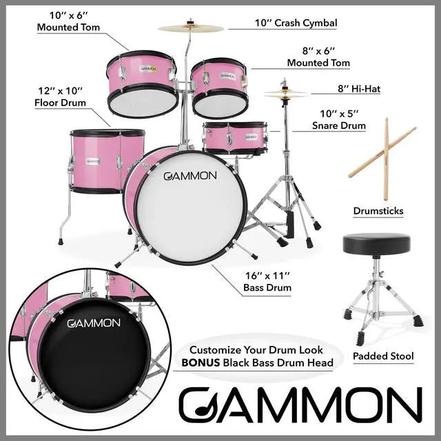 Alt view image 3 of 6 - Gammon Percussion 5-Piece Junior Starter Drum Kit with Cymbals, Hardware, Sticks, & Throne - Pink