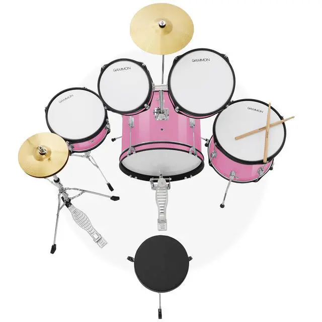 Alt view image 4 of 6 - Gammon Percussion 5-Piece Junior Starter Drum Kit with Cymbals, Hardware, Sticks, & Throne - Pink