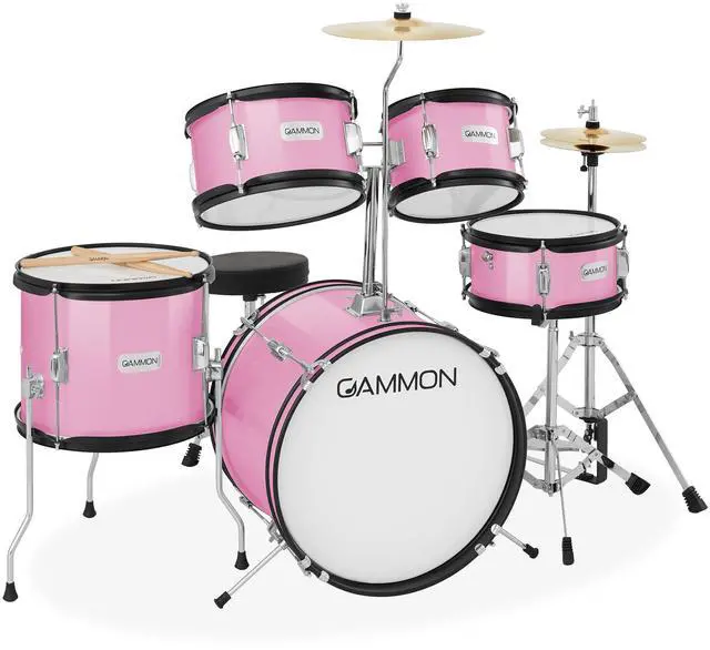 Main image of Gammon Percussion 5-Piece Junior Starter Drum Kit with Cymbals, Hardware, Sticks, & Throne - Pink
