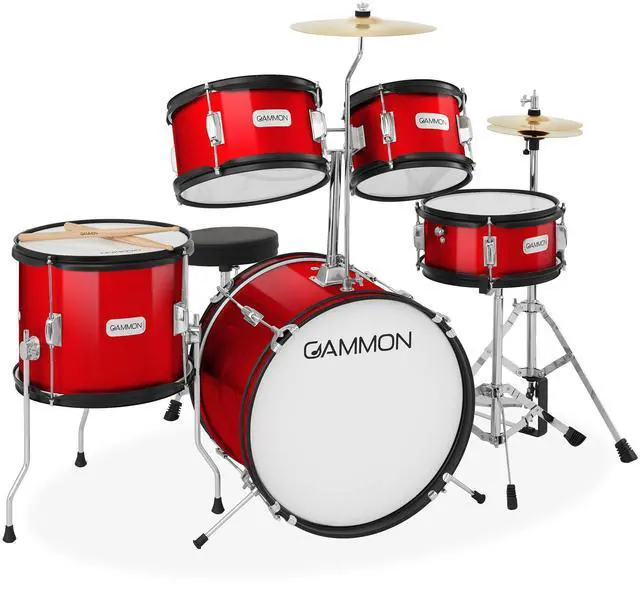 Main image of Gammon Percussion 5-Piece Junior Starter Drum Kit with Cymbals, Hardware, Sticks, & Throne - Red