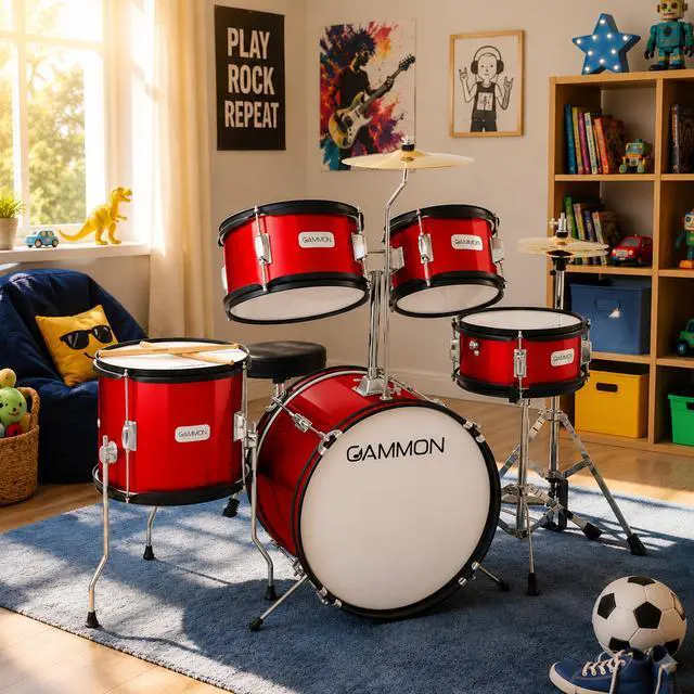 Alt view image 2 of 6 - Gammon Percussion 5-Piece Junior Starter Drum Kit with Cymbals, Hardware, Sticks, & Throne - Red