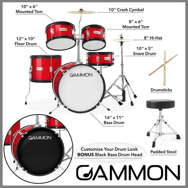 Alt view image 3 of 6 - Gammon Percussion 5-Piece Junior Starter Drum Kit with Cymbals, Hardware, Sticks, & Throne - Red