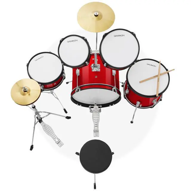 Alt view image 4 of 6 - Gammon Percussion 5-Piece Junior Starter Drum Kit with Cymbals, Hardware, Sticks, & Throne - Red