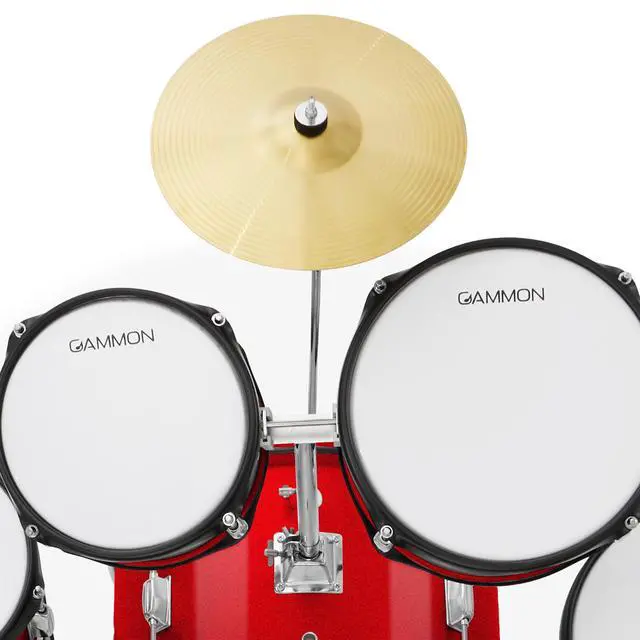 Alt view image 5 of 6 - Gammon Percussion 5-Piece Junior Starter Drum Kit with Cymbals, Hardware, Sticks, & Throne - Red