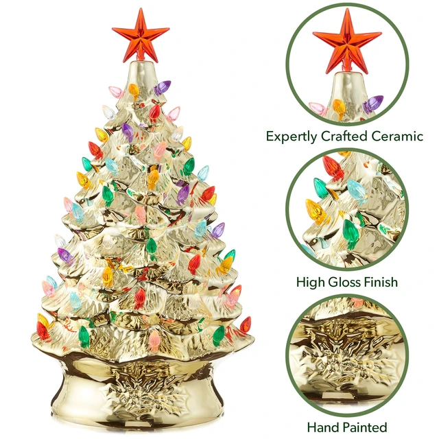 Alt view image 5 of 6 - Casafield Hand Painted Ceramic Christmas Tree, Gold 24-Inch Pre-Lit Tree with 148 Multi Color Lights and 2 Star Toppers