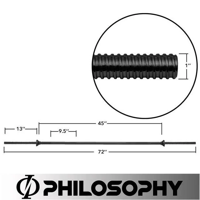 Alt view image 5 of 5 - Philosophy Gym 6 FT Standard Straight Barbell, Threaded 1" Weight Bar with Star Collars - Black