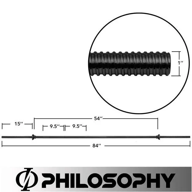 Alt view image 5 of 5 - Philosophy Gym 7 FT Standard Straight Barbell, Threaded 1" Weight Bar with Star Collars - Black