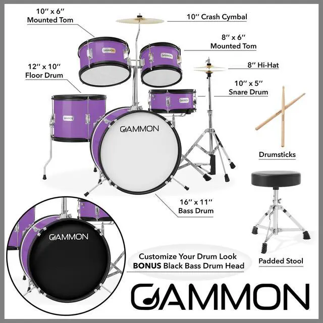 Alt view image 3 of 6 - Gammon Percussion 5-Piece Junior Starter Drum Kit with Cymbals, Hardware, Sticks, & Throne - Purple