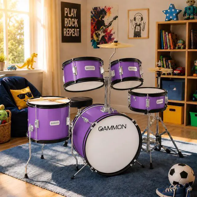 Alt view image 2 of 6 - Gammon Percussion 5-Piece Junior Starter Drum Kit with Cymbals, Hardware, Sticks, & Throne - Purple