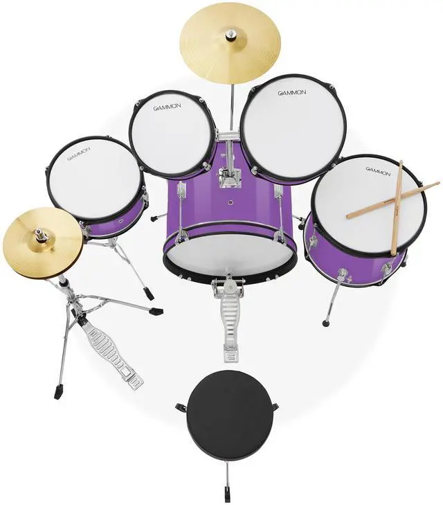 Alt view image 4 of 6 - Gammon Percussion 5-Piece Junior Starter Drum Kit with Cymbals, Hardware, Sticks, & Throne - Purple