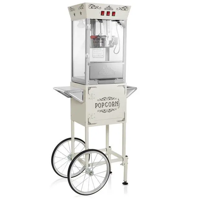 Main image of Olde Midway Popcorn Machine Maker w/ Cart and 8-Ounce Kettle - Cream, Vintage-Style Popper on Wheels