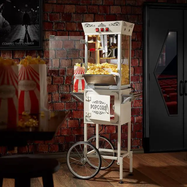 Alt view image 2 of 6 - Olde Midway Popcorn Machine Maker w/ Cart and 8-Ounce Kettle - Cream, Vintage-Style Popper on Wheels