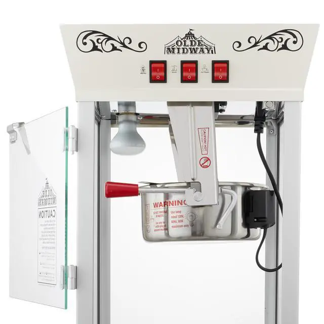 Alt view image 4 of 6 - Olde Midway Popcorn Machine Maker w/ Cart and 8-Ounce Kettle - Cream, Vintage-Style Popper on Wheels