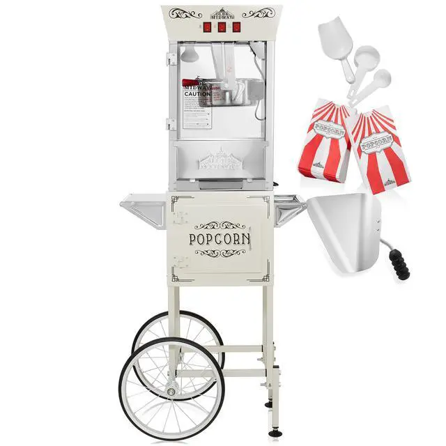Alt view image 3 of 6 - Olde Midway Popcorn Machine Maker w/ Cart and 8-Ounce Kettle - Cream, Vintage-Style Popper on Wheels