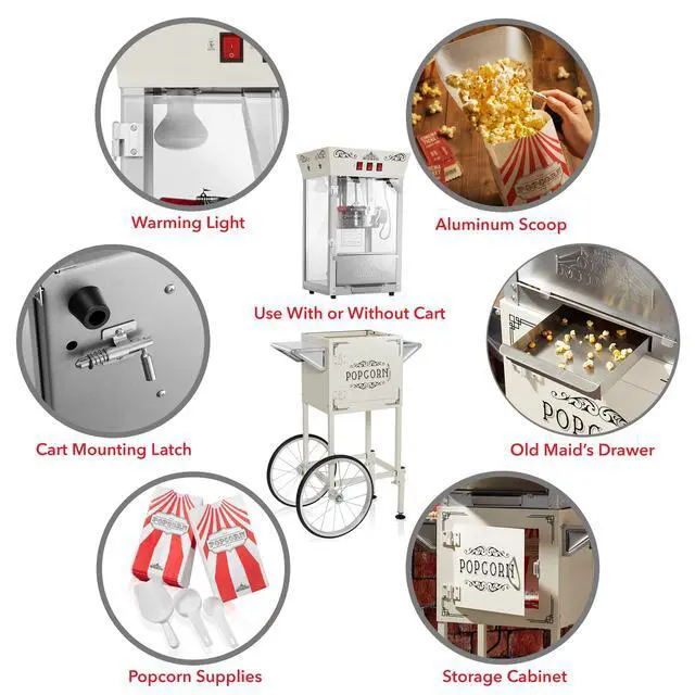 Alt view image 6 of 6 - Olde Midway Popcorn Machine Maker w/ Cart and 8-Ounce Kettle - Cream, Vintage-Style Popper on Wheels