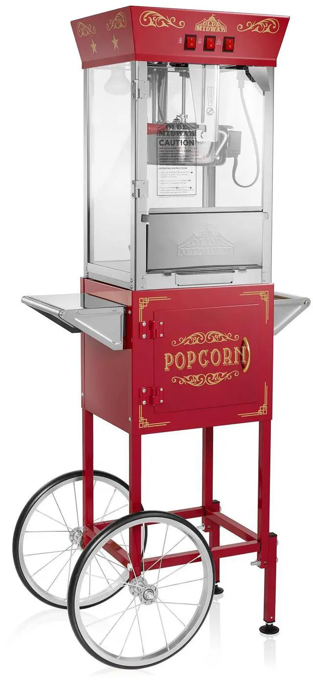 Main image of Olde Midway Popcorn Machine Maker w/ Cart and 8-Ounce Kettle - Red, Vintage-Style Popper on Wheels