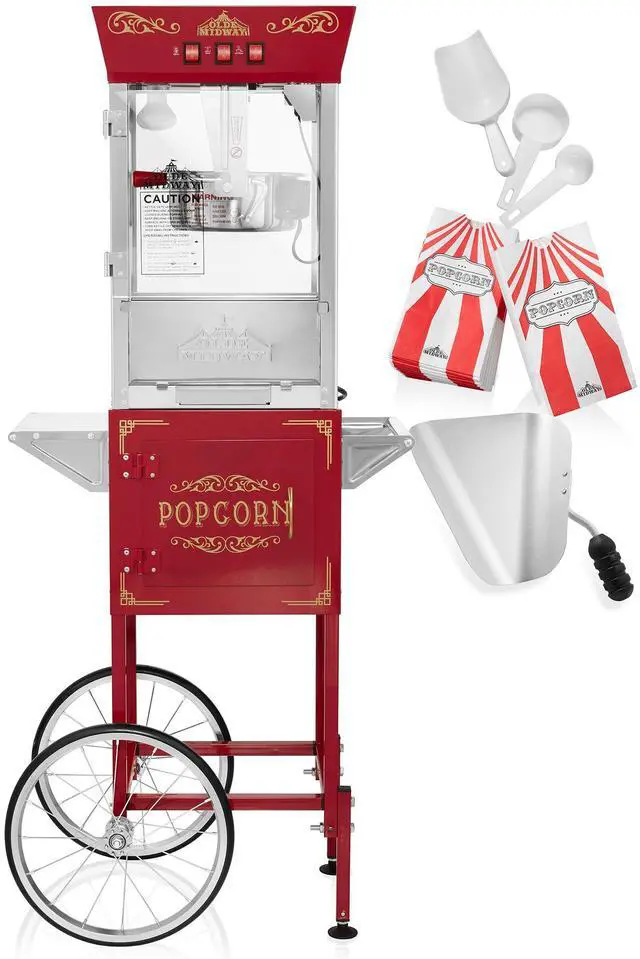 Alt view image 3 of 6 - Olde Midway Popcorn Machine Maker w/ Cart and 8-Ounce Kettle - Red, Vintage-Style Popper on Wheels