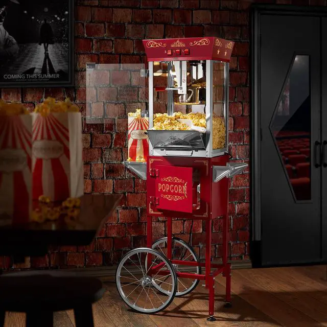 Alt view image 2 of 6 - Olde Midway Popcorn Machine Maker w/ Cart and 8-Ounce Kettle - Red, Vintage-Style Popper on Wheels