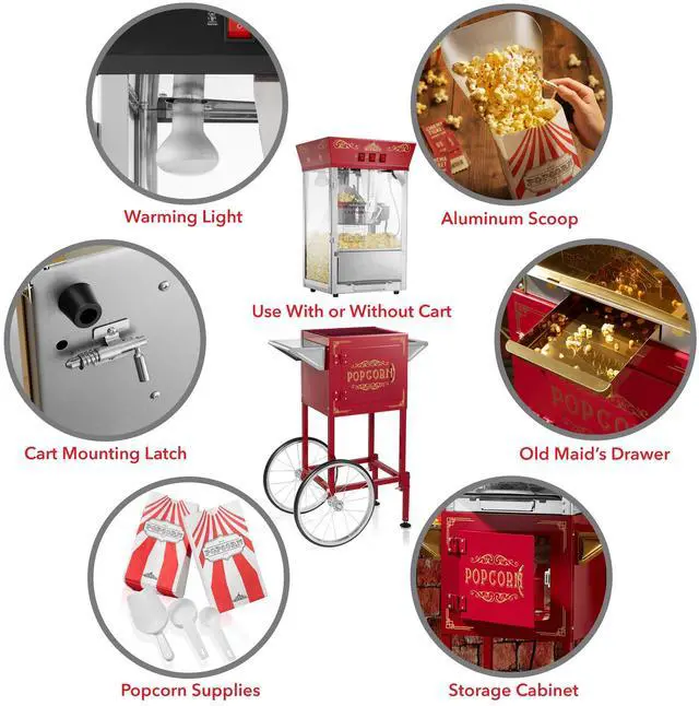 Alt view image 6 of 6 - Olde Midway Popcorn Machine Maker w/ Cart and 8-Ounce Kettle - Red, Vintage-Style Popper on Wheels