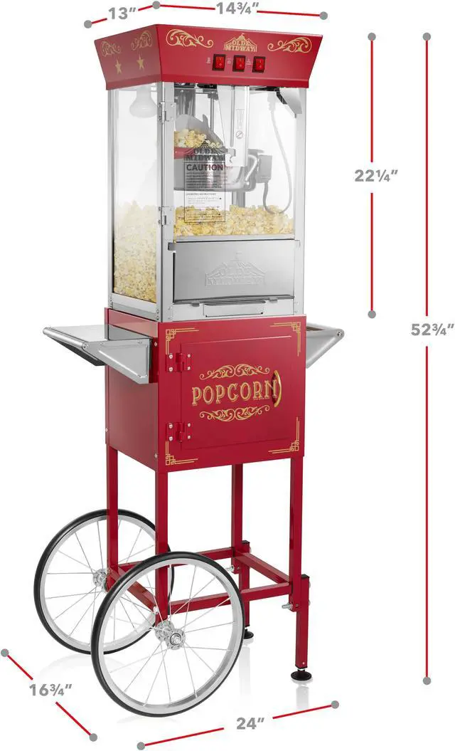 Alt view image 5 of 6 - Olde Midway Popcorn Machine Maker w/ Cart and 8-Ounce Kettle - Red, Vintage-Style Popper on Wheels