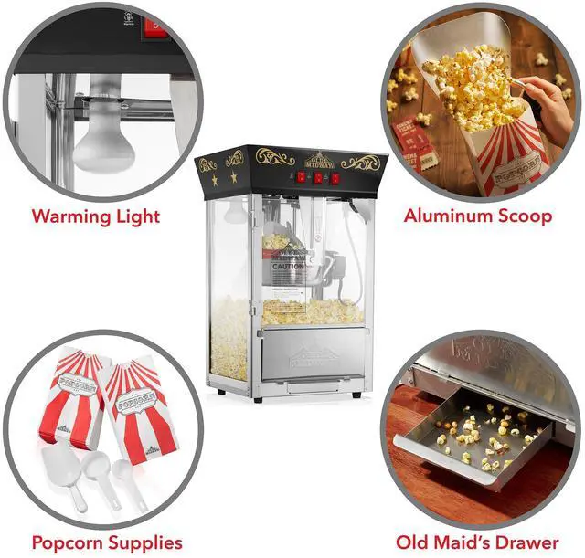 Alt view image 6 of 6 - Olde Midway Popcorn Machine Maker with 8-Ounce Kettle - Black, Vintage-Style Countertop Popper
