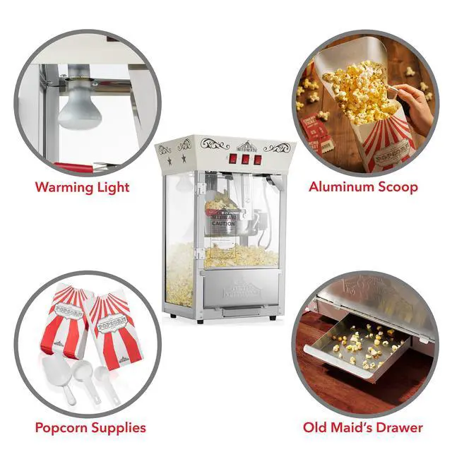 Alt view image 6 of 6 - Olde Midway Popcorn Machine Maker with 8-Ounce Kettle - Cream, Vintage-Style Countertop Popper