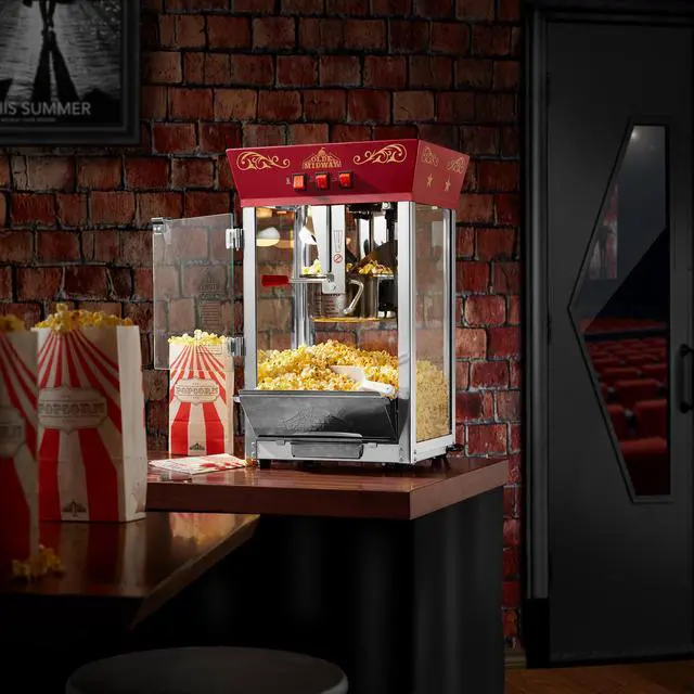 Alt view image 2 of 6 - Olde Midway Popcorn Machine Maker with 8-Ounce Kettle - Red, Vintage-Style Countertop Popper