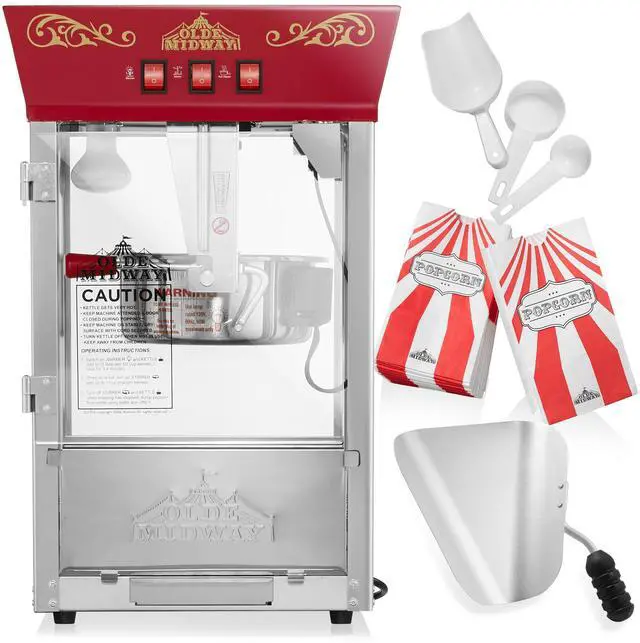 Alt view image 3 of 6 - Olde Midway Popcorn Machine Maker with 8-Ounce Kettle - Red, Vintage-Style Countertop Popper