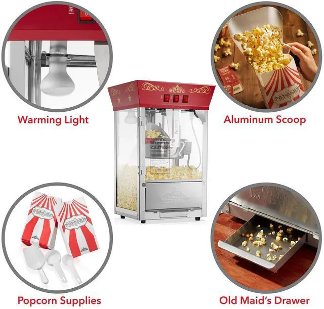 Alt view image 6 of 6 - Olde Midway Popcorn Machine Maker with 8-Ounce Kettle - Red, Vintage-Style Countertop Popper