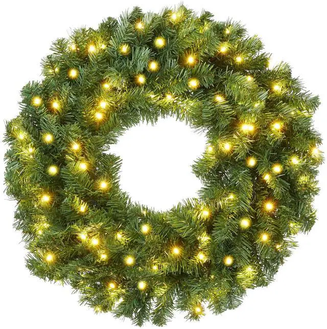 Main image of Casafield 30" Pre-Lit Fir Artificial Christmas Wreath Holiday Décor, 100 LED Lights, 350 PVC Tips for Front Door, Window, or Mantel
