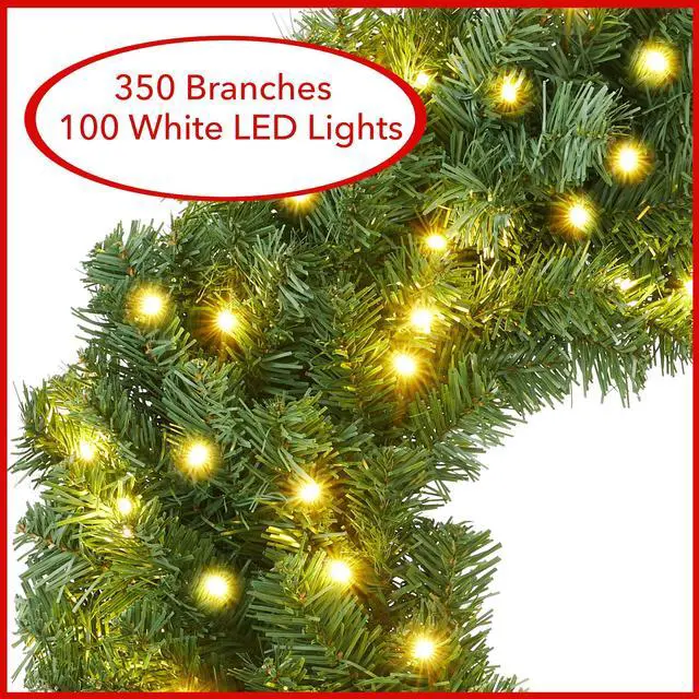 Alt view image 2 of 6 - Casafield 30" Pre-Lit Fir Artificial Christmas Wreath Holiday Décor, 100 LED Lights, 350 PVC Tips for Front Door, Window, or Mantel