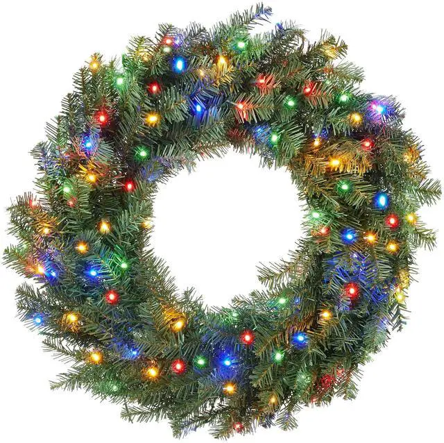 Main image of Casafield 30" Pre-Lit Fir Artificial Christmas Wreath Holiday Décor, 100 LED White & Multicolor Lights, 220 PVC Tips for Front Door, Window, or Mantel