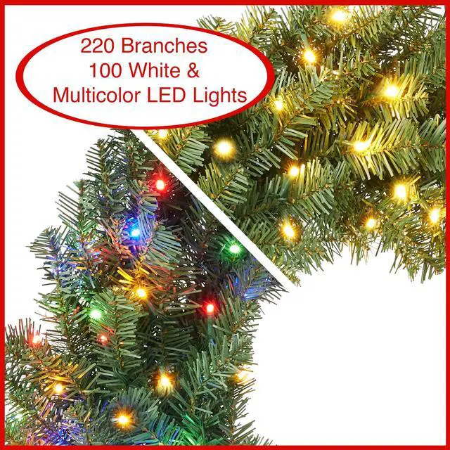 Alt view image 2 of 6 - Casafield 30" Pre-Lit Fir Artificial Christmas Wreath Holiday Décor, 100 LED White & Multicolor Lights, 220 PVC Tips for Front Door, Window, or Mantel