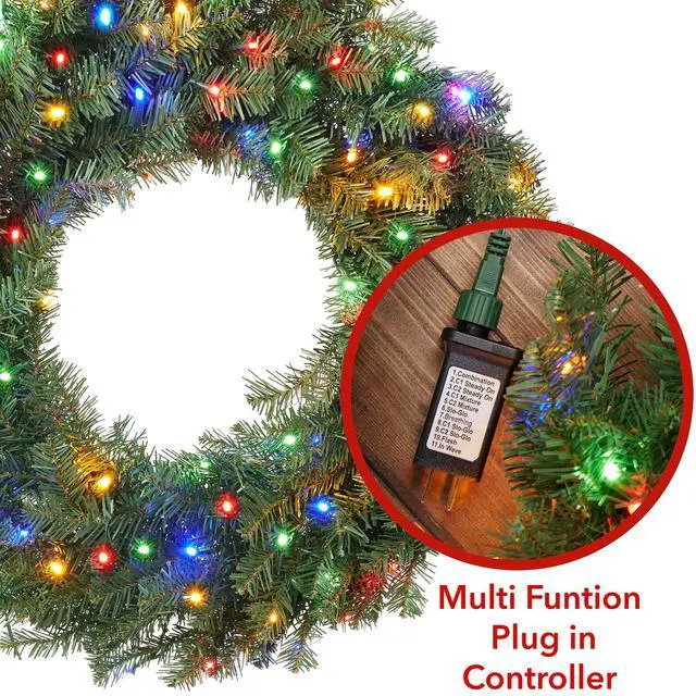 Alt view image 3 of 6 - Casafield 30" Pre-Lit Fir Artificial Christmas Wreath Holiday Décor, 100 LED White & Multicolor Lights, 220 PVC Tips for Front Door, Window, or Mantel