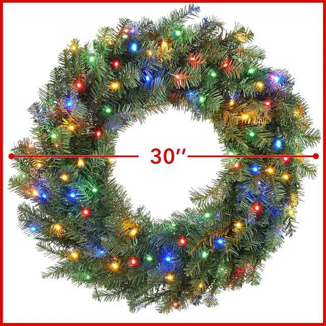 Alt view image 5 of 6 - Casafield 30" Pre-Lit Fir Artificial Christmas Wreath Holiday Décor, 100 LED White & Multicolor Lights, 220 PVC Tips for Front Door, Window, or Mantel