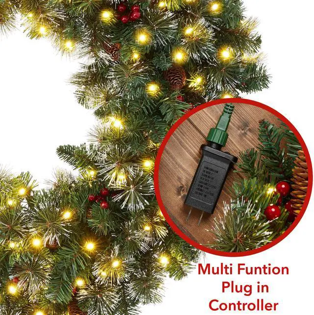 Alt view image 3 of 6 - Casafield 36" Pre-Lit Fir Artificial Christmas Wreath Holiday Décor, 150 LED Lights, 360 PVC Tips Pinecones, Berries for Front Door, Window, or Mantel