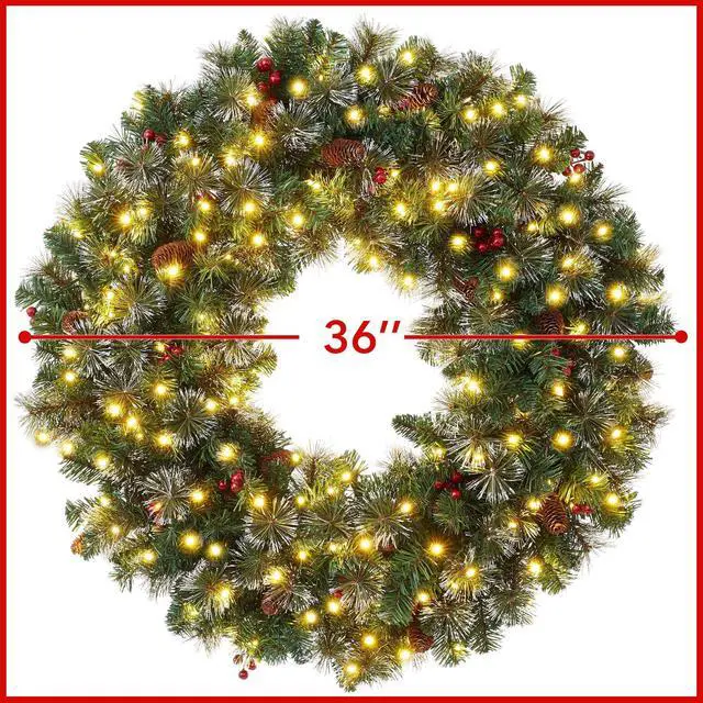 Alt view image 5 of 6 - Casafield 36" Pre-Lit Fir Artificial Christmas Wreath Holiday Décor, 150 LED Lights, 360 PVC Tips Pinecones, Berries for Front Door, Window, or Mantel
