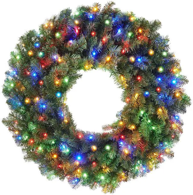 Main image of Casafield 36" Pre-Lit Fir Artificial Christmas Wreath Holiday Décor, 150 LED White & Multicolor Lights, 300 PVC Tips for Front Door, Window, or Mantel