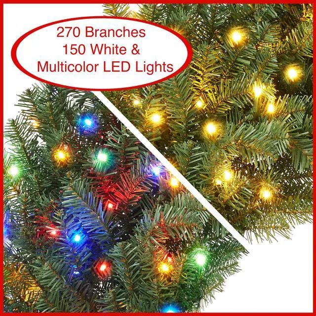 Alt view image 2 of 6 - Casafield 36" Pre-Lit Fir Artificial Christmas Wreath Holiday Décor, 150 LED White & Multicolor Lights, 300 PVC Tips for Front Door, Window, or Mantel