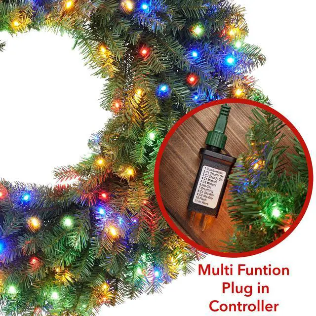 Alt view image 3 of 6 - Casafield 36" Pre-Lit Fir Artificial Christmas Wreath Holiday Décor, 150 LED White & Multicolor Lights, 300 PVC Tips for Front Door, Window, or Mantel