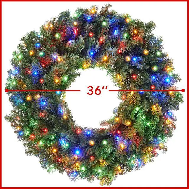 Alt view image 5 of 6 - Casafield 36" Pre-Lit Fir Artificial Christmas Wreath Holiday Décor, 150 LED White & Multicolor Lights, 300 PVC Tips for Front Door, Window, or Mantel