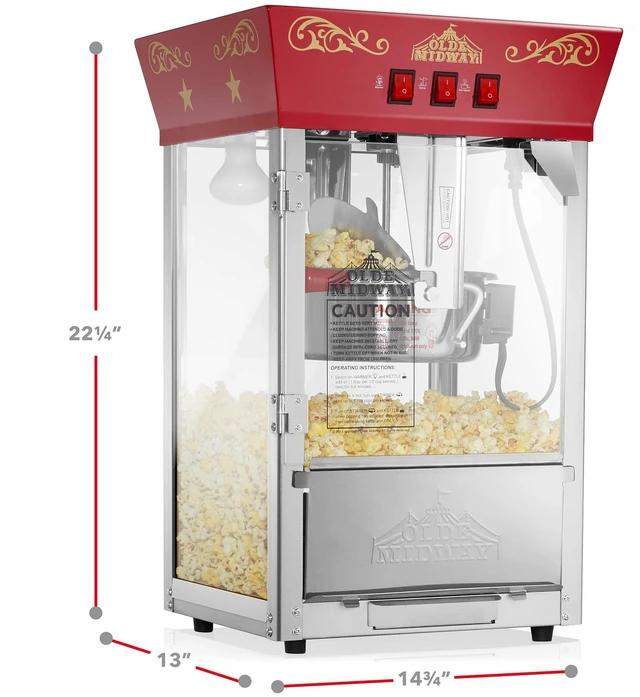 Alt view image 5 of 6 - Olde Midway Popcorn Machine Maker with 8-Ounce Kettle - Red, Vintage-Style Countertop Popper