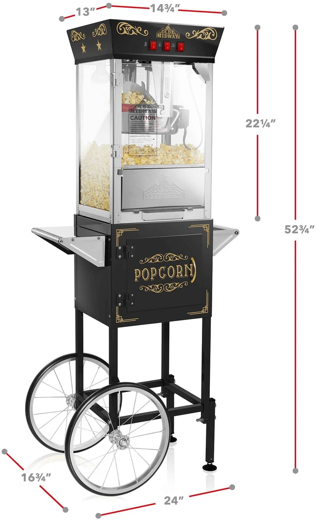 Alt view image 5 of 6 - Olde Midway Popcorn Machine Maker w/ Cart and 8-Ounce Kettle - Black, Vintage-Style Popper on Wheels