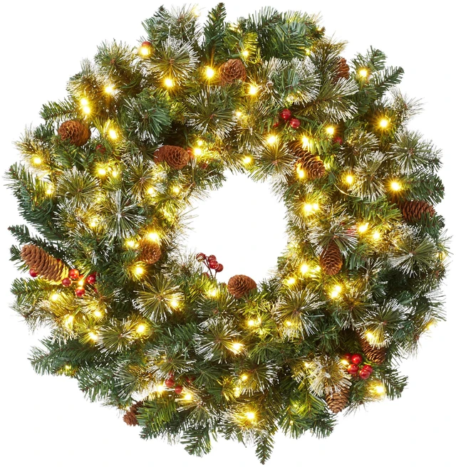 Main image of Casafield 30" Pre-Lit Fir Artificial Christmas Wreath Holiday Décor, 100 LED Lights, 260 PVC Tips Pinecones, Berries for Front Door, Window, or Mantel