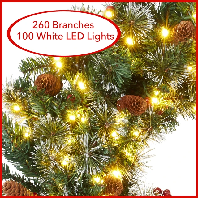 Alt view image 2 of 6 - Casafield 30" Pre-Lit Fir Artificial Christmas Wreath Holiday Décor, 100 LED Lights, 260 PVC Tips Pinecones, Berries for Front Door, Window, or Mantel