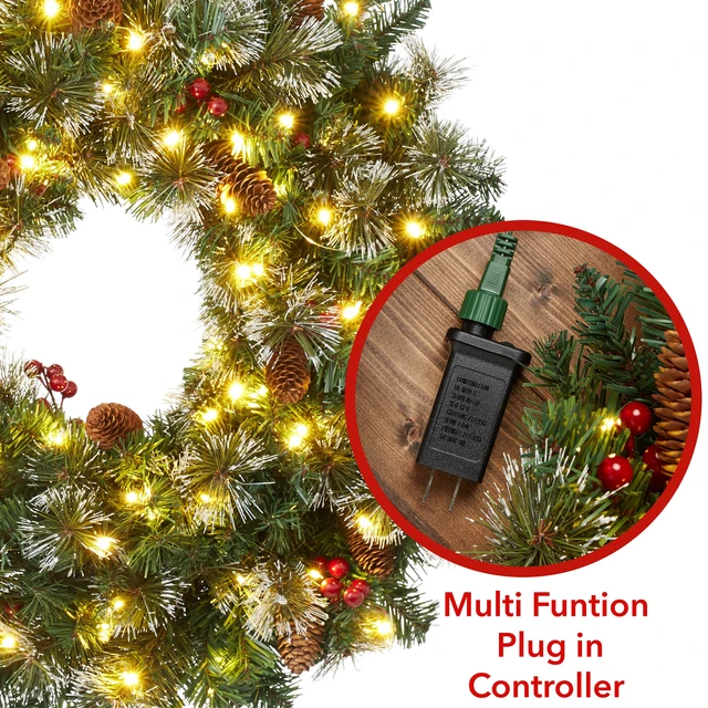 Alt view image 3 of 6 - Casafield 30" Pre-Lit Fir Artificial Christmas Wreath Holiday Décor, 100 LED Lights, 260 PVC Tips Pinecones, Berries for Front Door, Window, or Mantel