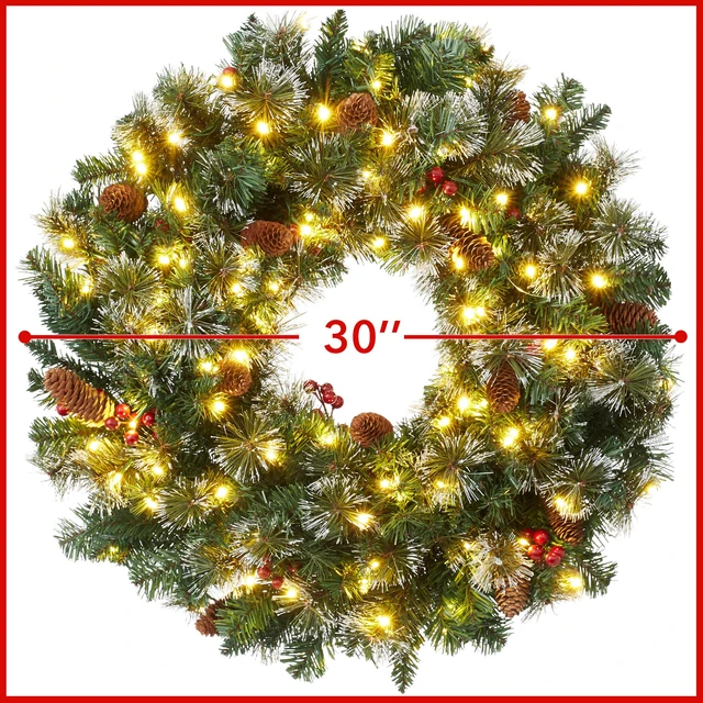 Alt view image 5 of 6 - Casafield 30" Pre-Lit Fir Artificial Christmas Wreath Holiday Décor, 100 LED Lights, 260 PVC Tips Pinecones, Berries for Front Door, Window, or Mantel