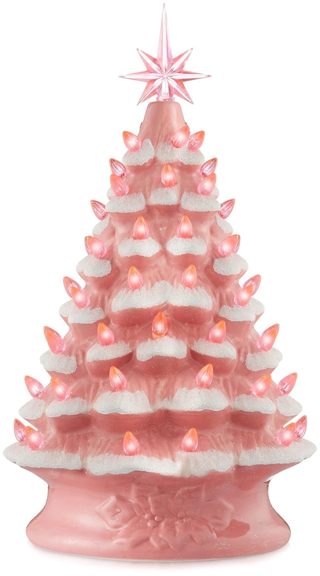 Main image of Casafield Hand Painted Ceramic Christmas Tree, Pink Snow Flocked 15-Inch Pre-Lit Tree with 128 Multi Color Lights and 2 Star Toppers