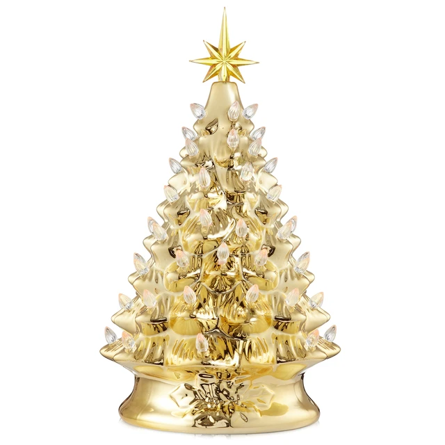 Main image of Casafield Hand Painted Ceramic Christmas Tree, Gold 15-Inch Pre-Lit Tree with 128 Multi Color Lights and 2 Star Toppers